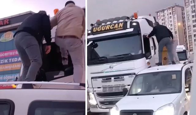 TIR şoförünü arabanın üzerine çıkıp dövdüler