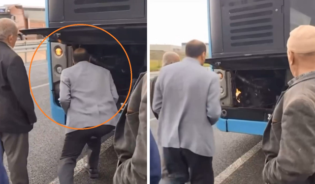 Otobüsün motor kısmında yangın çıktı: Üfleyerek söndürmeye çalıştı