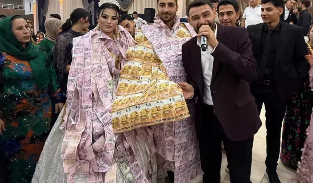 Gelin ve damada paradan yelek giydirip, taç taktılar