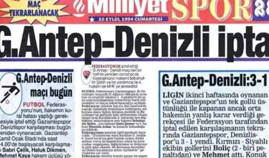 <p><strong>Gaziantepspor - Denizlispor (1994/95)</strong></p>
<p>Gaziantepspor'un sahasında Denizlispor'u 1-0 mağlup ettiği maçta Gaziantepspor'un kazanılan bir ofsayt atışını rakip sahadan kullandığı tespit edilmişti. Denizlispor'un kural hatası itirazlarından sonra maç iptal edilip tekrar oynanmıştı. Tekrar edilen maçı Gaziantepspor 3-1 kazanmıştı.</p>