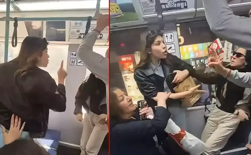 Tramvayda kadınlar arasında tekmeli, küfürlü yer kavgası