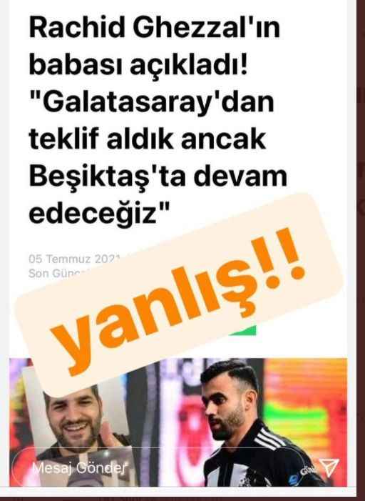 Bu haberi, Ghezzal Instagram hesabından paylaşarak, "Yanlış" ifadelerini kullandı.