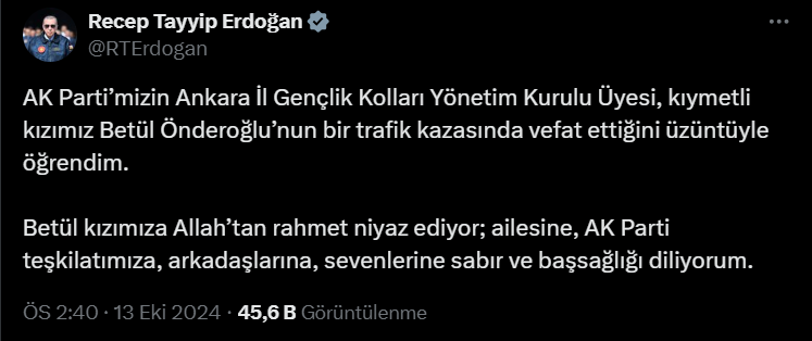 Cumhurbaşkanı Erdoğan'dan Betül Önderoğlu Için Başsağlığı Mesajı