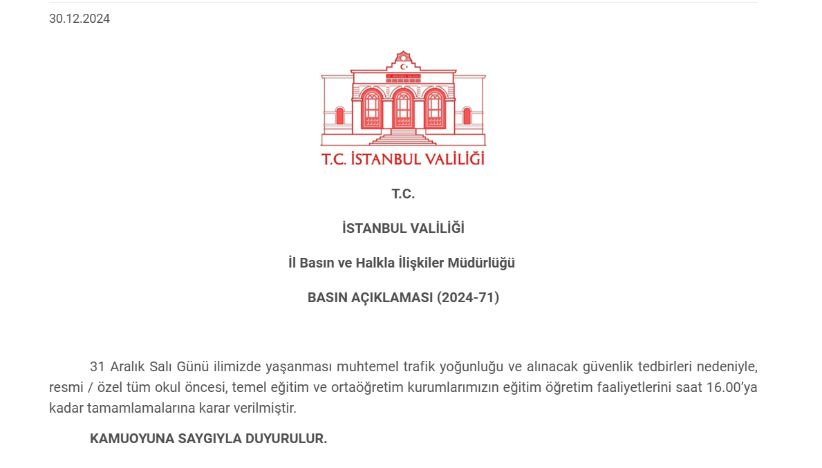 İstanbul Valiliği'nden Okullara 31 Aralık Güncellemesi!