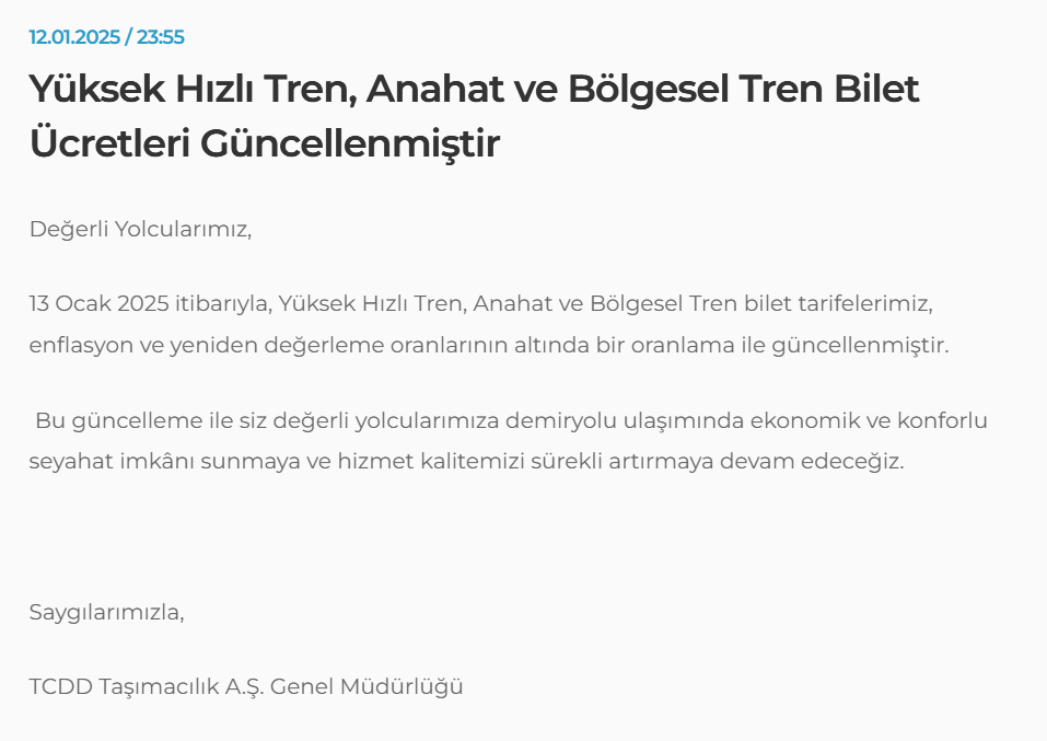 Yüksek Hızlı Tren Biletlerine Zam İşte Yeni Fıyatlar…