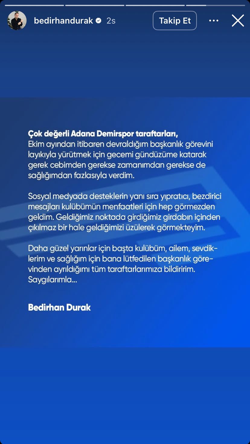 Adana Demirspor Başkanı Istifa Etti!