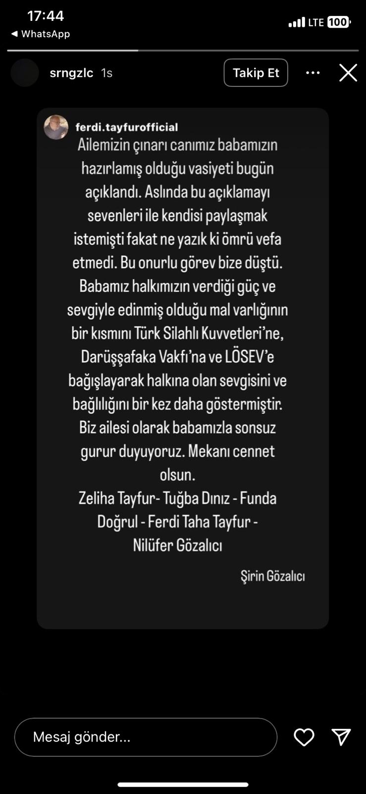 Ferdi Tayfur. Mal Varlığının Bir Kısmı Hayır Kurumlarına Bağışlandı
